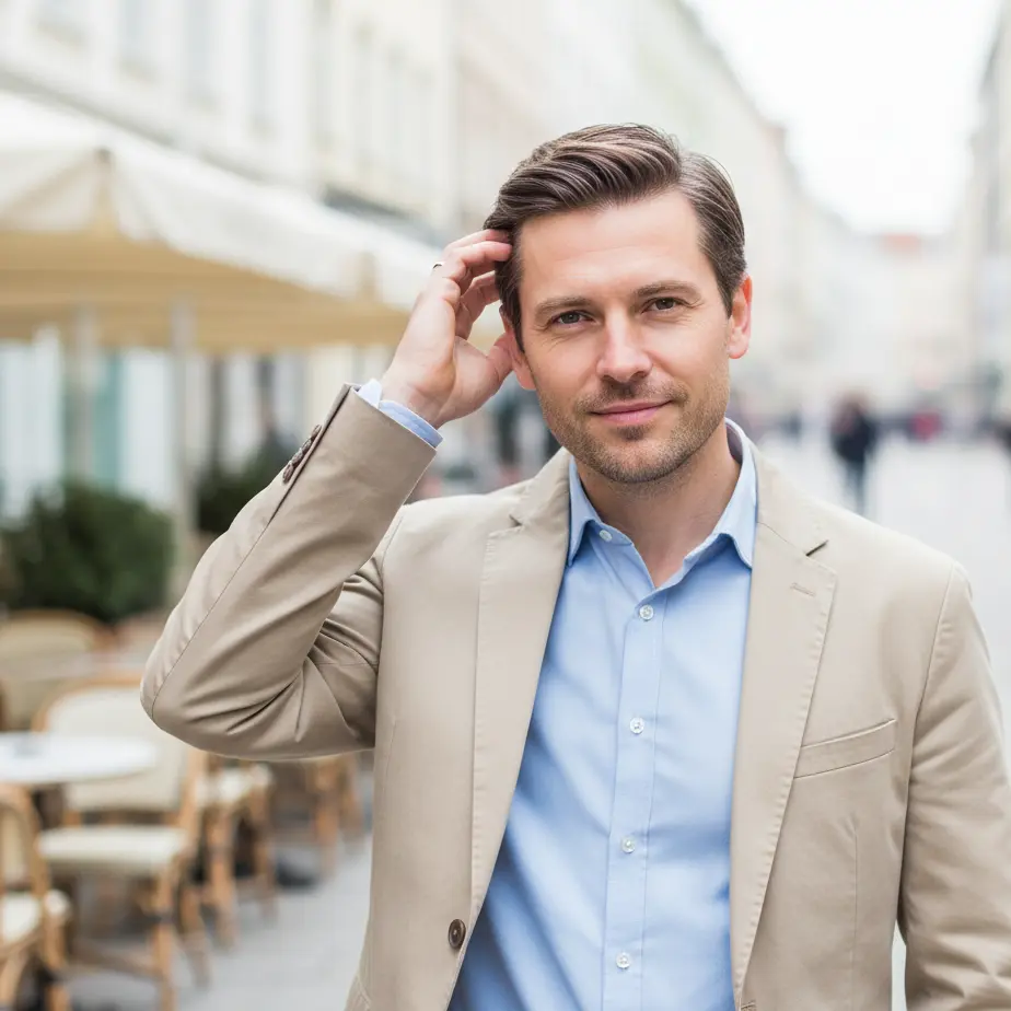 Moski po FUE presaditvi las samozavestno hodi po mestu, vidna je naravna, gostejša linija lasisca po mesecih.