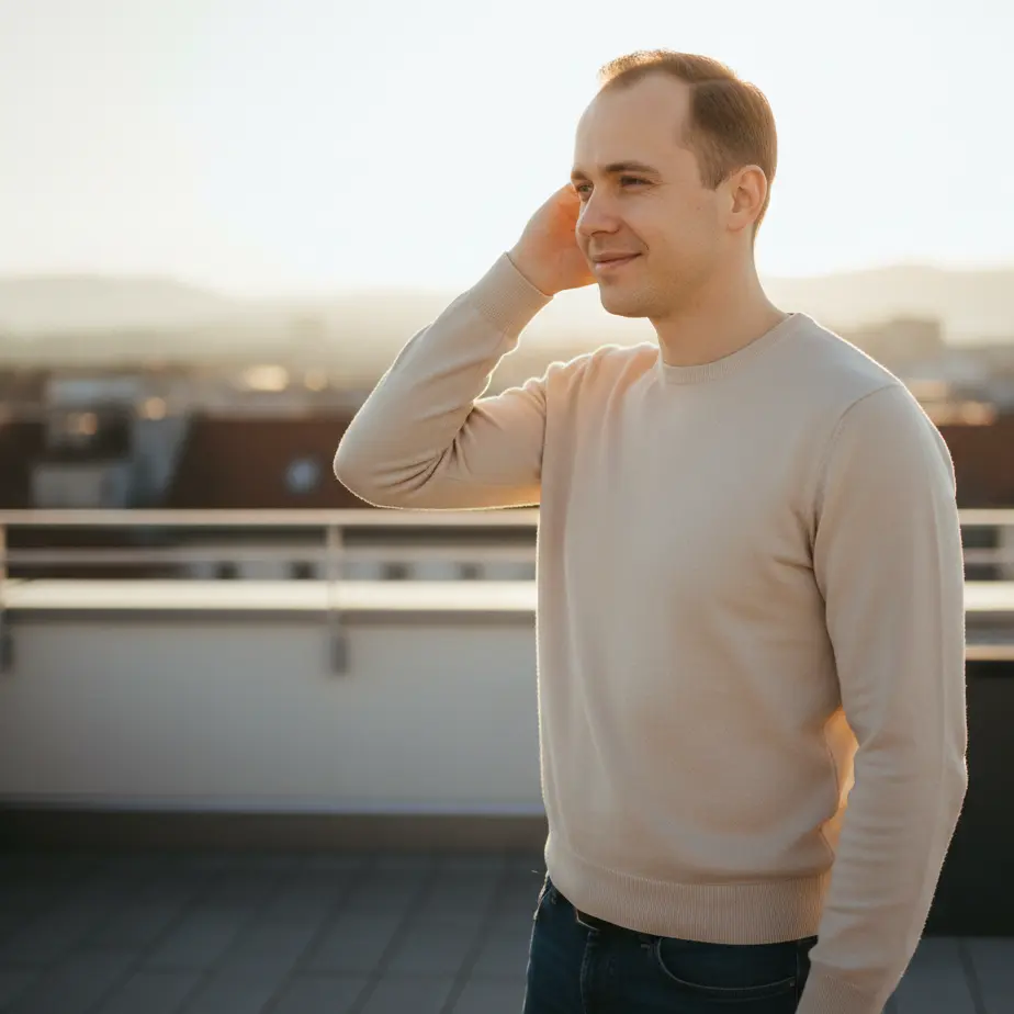 Moski z zgodnjo plesavostjo na mestni terasi ob zlatem soncnem zahodu, samozavestno se dotika lasne linije in razmislja o FUE presaditvi.