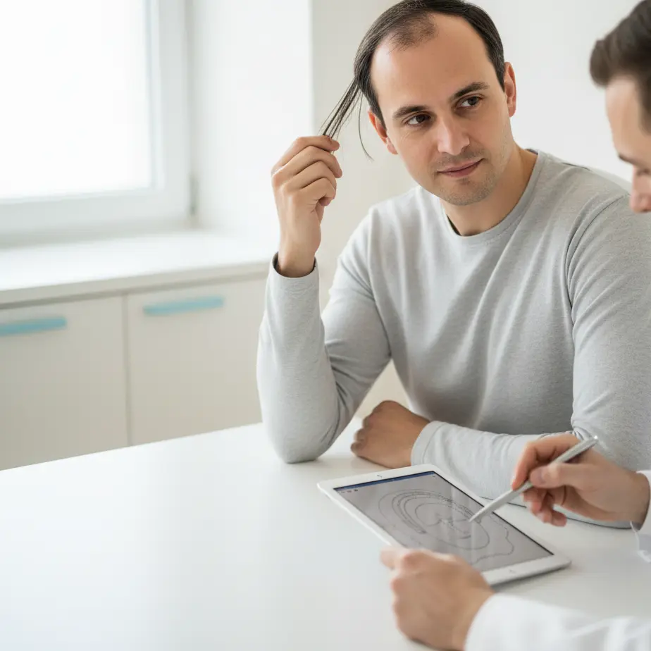 Moski z razredcenimi lasmi pri mirnem posvetu o FUE presaditvi las v sodobni kliniki, poudarjena lasna linija in obcutek zaupanja.