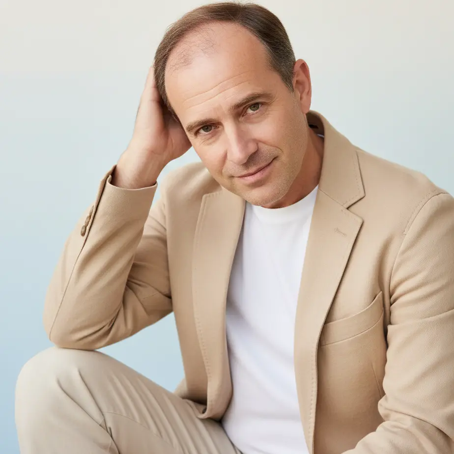 Moski srednjih let z napredovano izgubo las v minimalisticnem studiu, z roko poudarja donorksko podrocje in razmislja o FUE presaditvi.