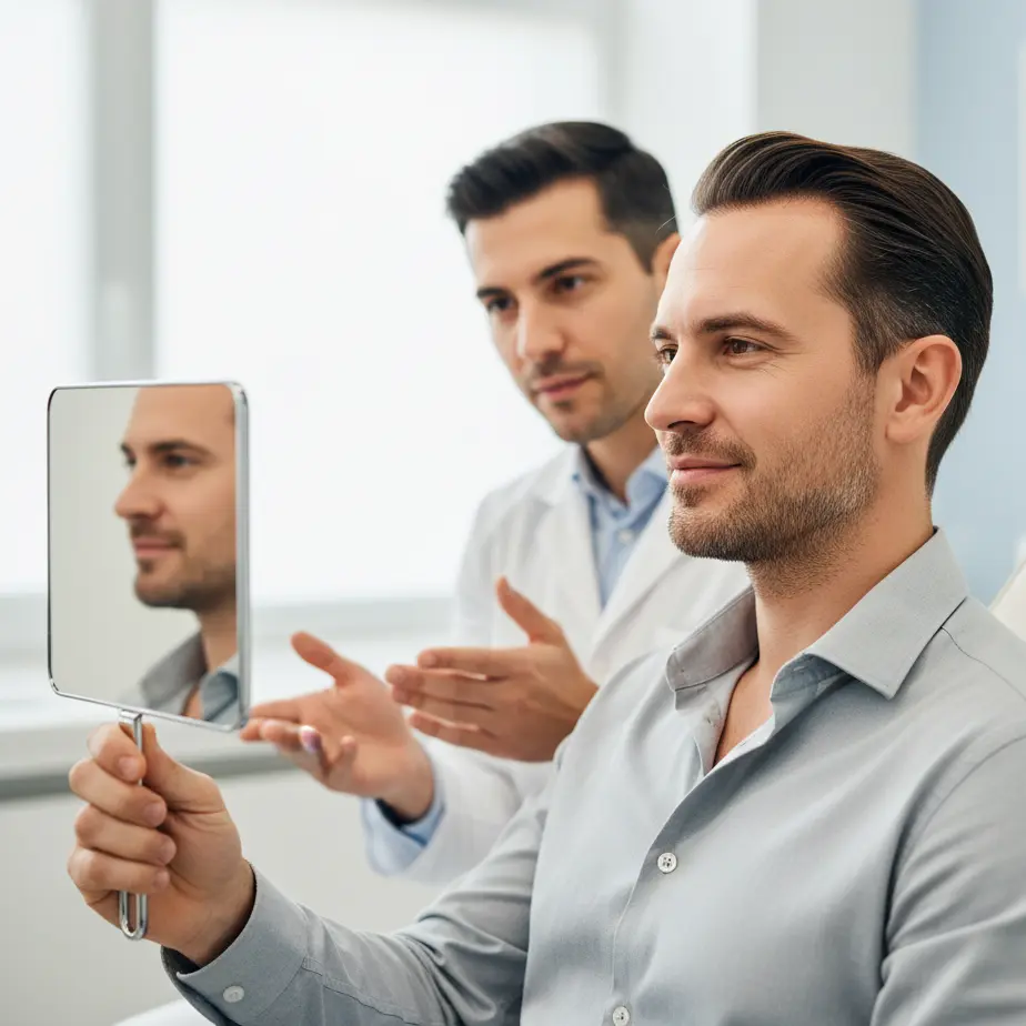 Moski v sodobni estetski kliniki opazuje novo lasno linijo po FUE presaditvi las in razmislja o prvi estetski investiciji.