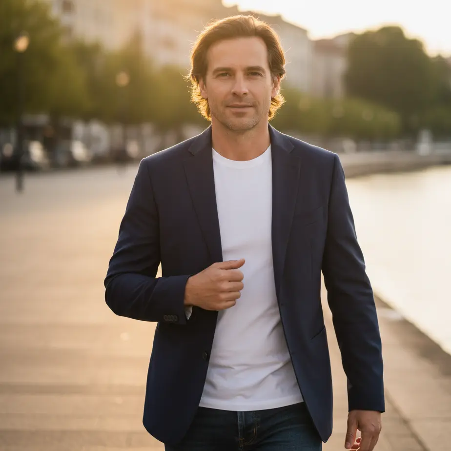 Moski srednjih let z urejeno lasno linijo samozavestno hodi ob mestni promenadi in uziva rezultate FUE presaditve las.