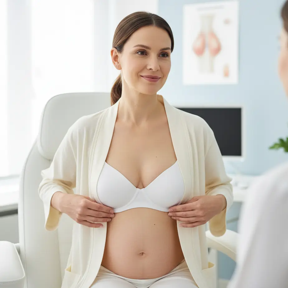 Zenska po porodu na posvetu za korekcijo prsi v sodobni kliniki, sprosčen izraz in poudarek na varni odlocitvi za povecanje, zmanjsanje ali dvig.