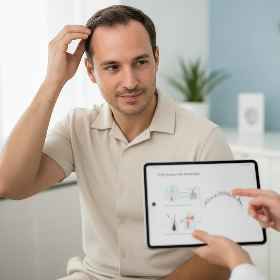 Moski v posvetovalnici klinike z zdravnikom razmišlja o FUE presaditvi las v Sloveniji in trezni izbiri prave klinike.