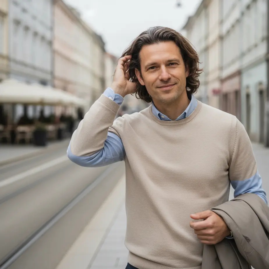 Moski srednjih let samozavestno hodi po slovenskem mestu z urejeno lasno črto po FUE presaditvi las.