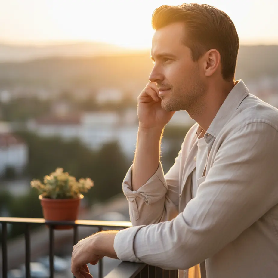 Moski na balkonu v zlatem soncnem zahodu mirno opazuje mesto in samozavestno pokaže naraven videz po FUE presaditvi las v Sloveniji.