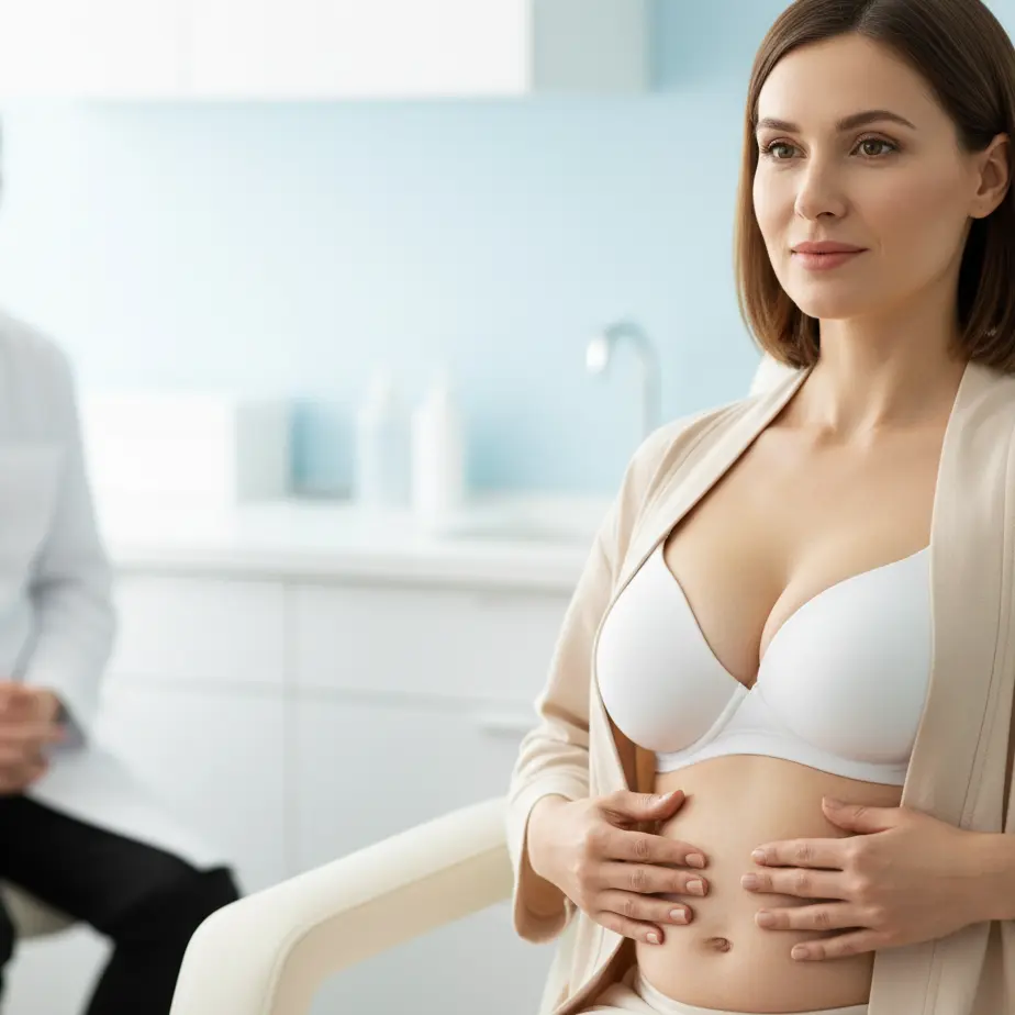 Zenska v moderni kliniki v lahkem ritzniku mirno razmislja o korekciji prsi po porodu ali hujsanju, poudarek na varnosti in naravnem videzu.