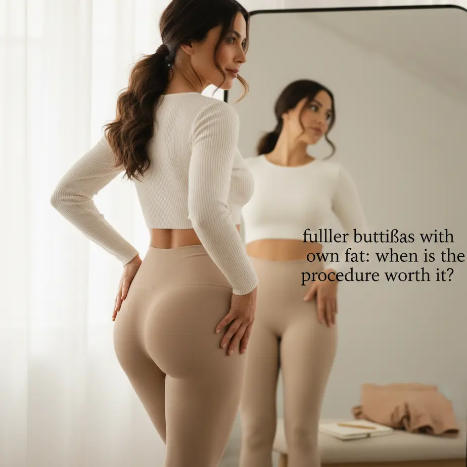 Ženska v brezšivnih pajkicah v svetli spalnici ob ogledalu z dlanjo poudari polnejšo zadnjico in razmišlja, ali je BBL pravi poseg zanjo.