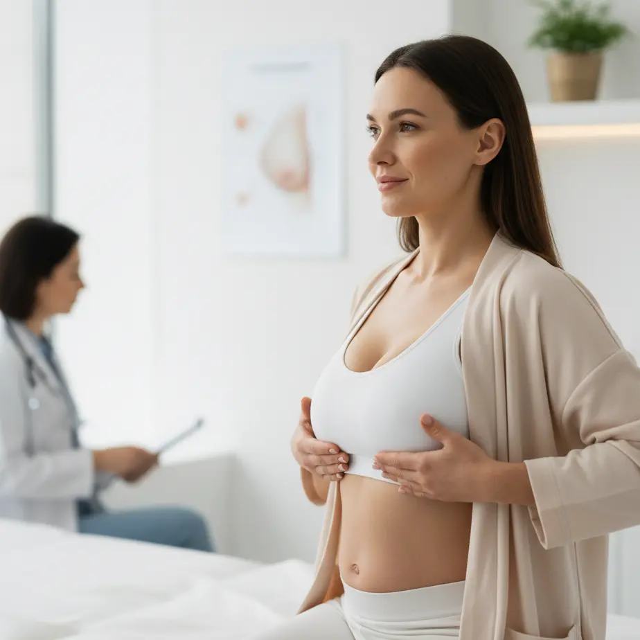 Mlada mamica v kliniki v sportnem nedrcku in halji, samozavestno drzi prsi in razmislja o korekciji prsi po porodu ali hujsanju.