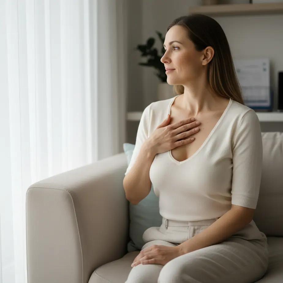 Zenska v udobnem domacem okolju v preprosti majici, rahlo drzi prsi in mirno razmislja o korekciji prsi ter vplivu na vsakdan.