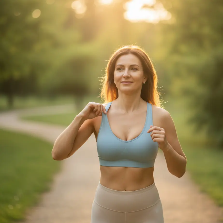 Aktivna zenska v sportnem nedrcku tece po parku in uziva v udobju prsi po korekciji, pripravljena na vrnitev k sportu.