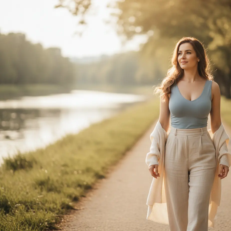 Zunanja zlata ura ob reki, samozavestna mlada mama v pastelni majici z lepo oblikovanim oprsjem po povecanju ali dvigu prsi.