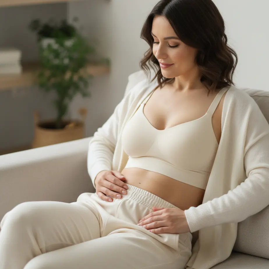 Zrela ženska doma v svetlem dnevnem prostoru v udobnih oblacilih mirno razmislja o povecanju in dvigu prsi ter preoblikovanju trupa.