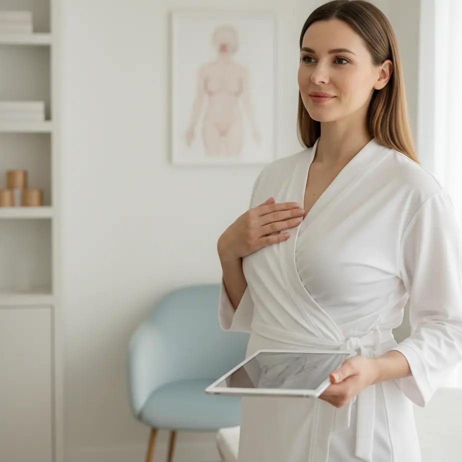 Mirna ženska po porodu v svetli kliniki v mehkem belem kimono ogrinjalu razmišlja o povecanju ali dvigu prsi ter celoviti preobrazbi.