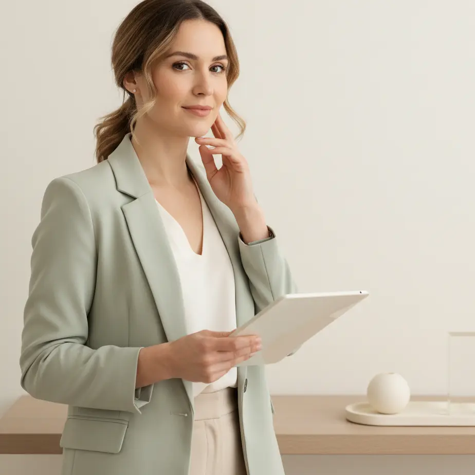 Elegant zenska na svetlem studiskem ozadju med premisljanjem o estetskih posegih, poudarjen obraz in obcutek zaupanja v kliniko