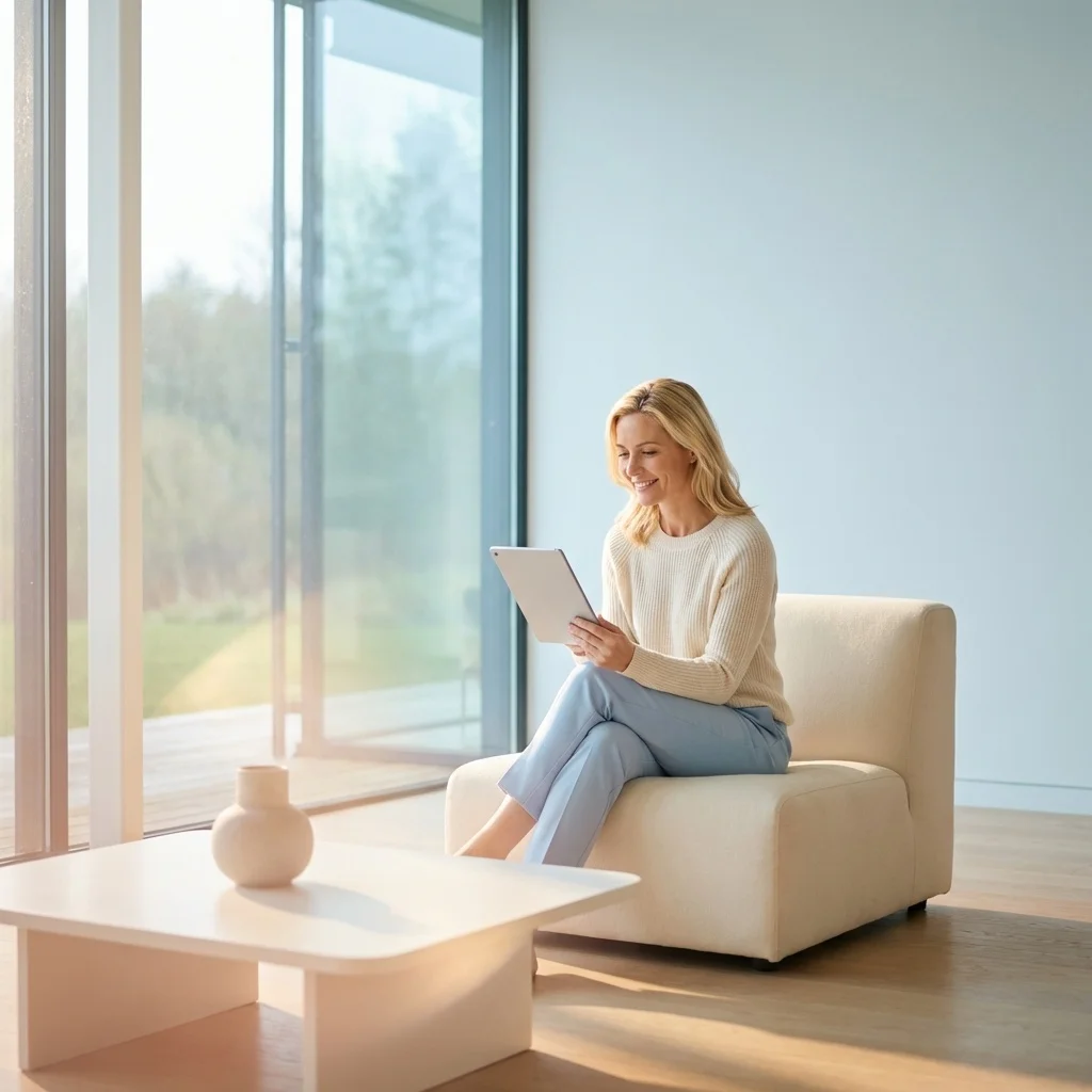 Zadovoljna ženska brez občutka težkih vek uživa v branju v svetlem, modernem in minimalističnem ambientu.