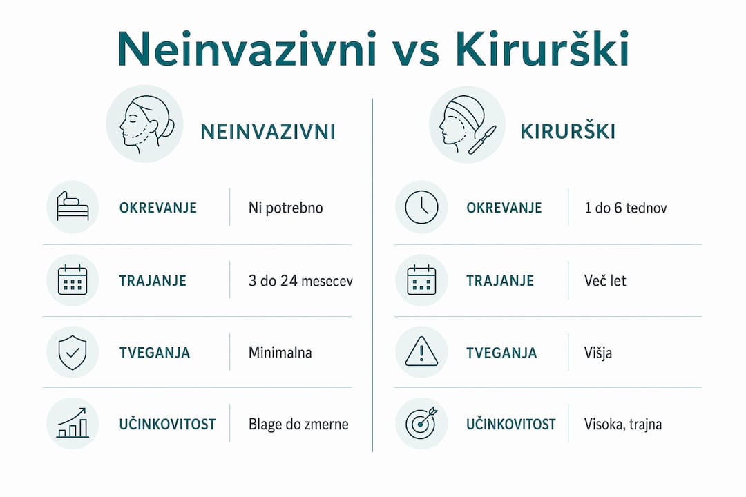 Pregledna infografika: primerjava med neinvazivnimi in kirurškimi posegi