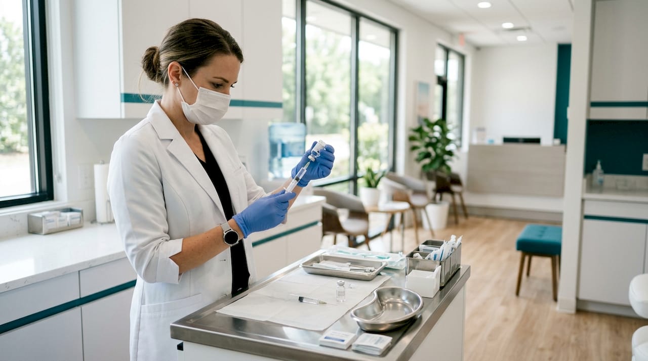 Medicinske roke pripravljajo injekcijo s polnilom