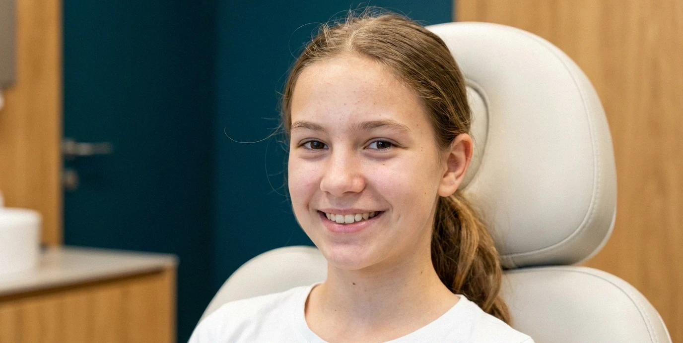 Nasmejana mladostnica po uspešnem posvetu za korekcijo ušes v sodobni estetski ambulanti.