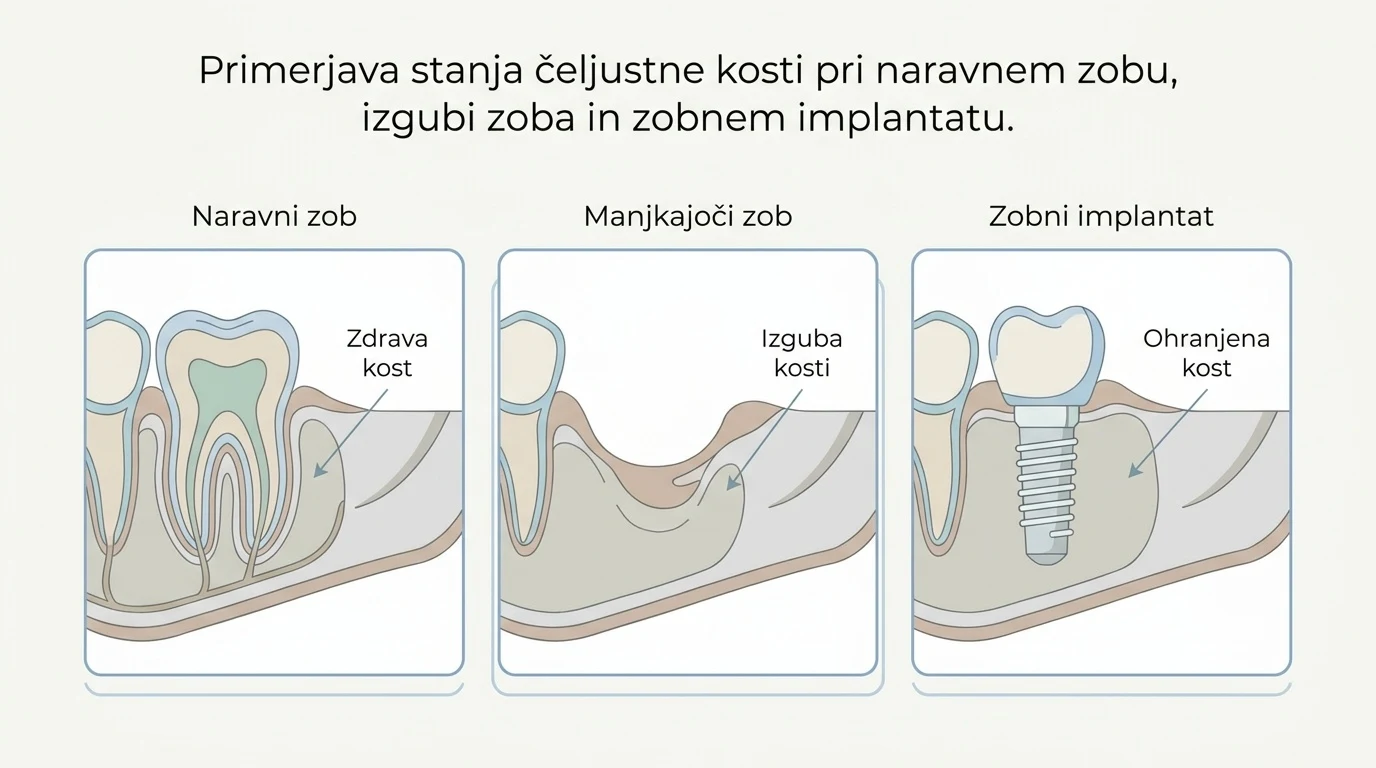 Shematski prikaz čeljustne kosti ob naravnem zobu, po izgubi zoba z resorpcijo kosti in ob stabilizaciji z zobnim implantatom.