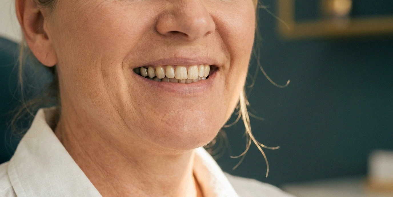 Bližnji posnetek sproščenega in naravnega nasmeha ženske po namestitvi zobnega implantata v sodobni zobozdravstveni ordinaciji.