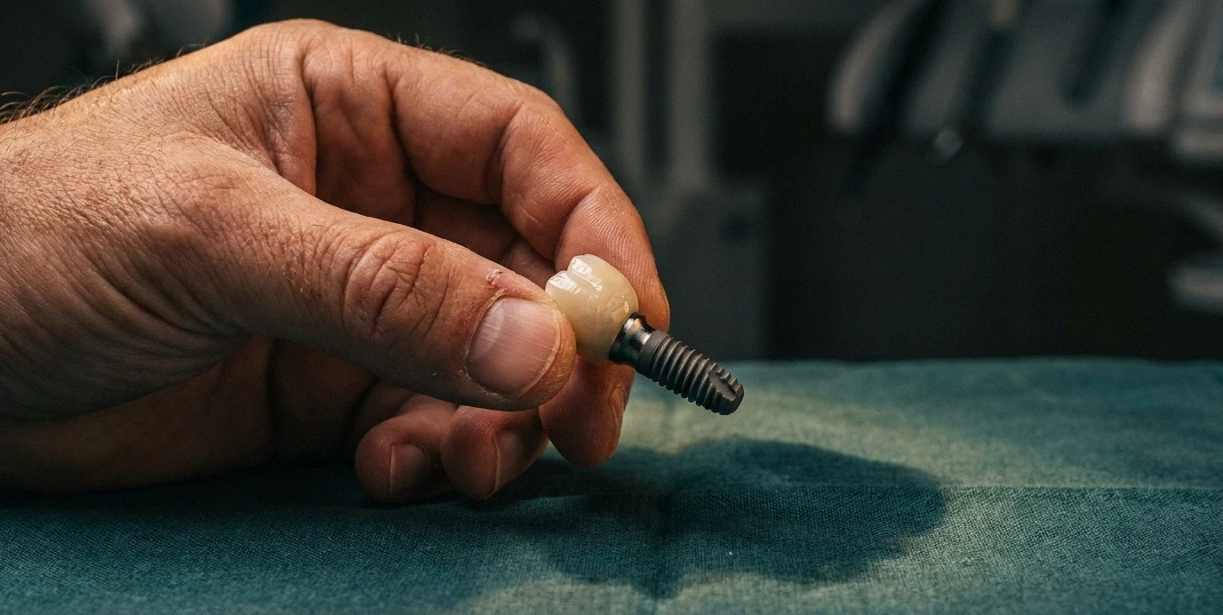 Bližnji posnetek zobnega implantata z naravno keramično krono, ki prikazuje visoko estetiko in prilagoditev.