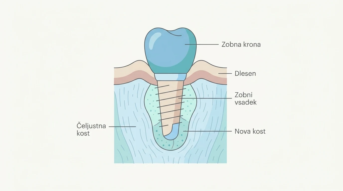 Shematski prikaz zobnega vsadka v čeljustni kosti, ki prikazuje zlitje kosti z vsadkom oziroma osteointegracijo.