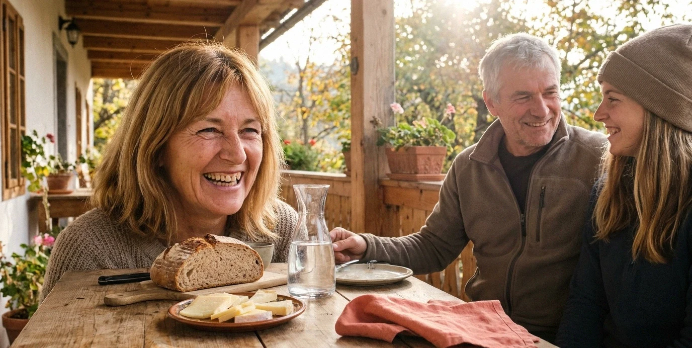 Sproščena družina na sončni terasi, kjer se starejša ženska samozavestno smeji ob kosilu po namestitvi zobnih vsadkov.