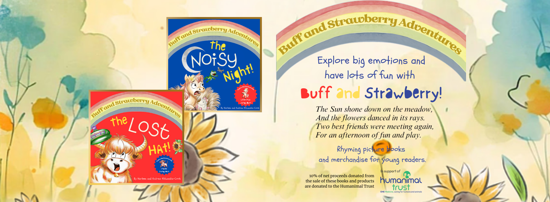 A banner showing the front covers of The Noisy Night and The Lost Hat in front of a rainbow