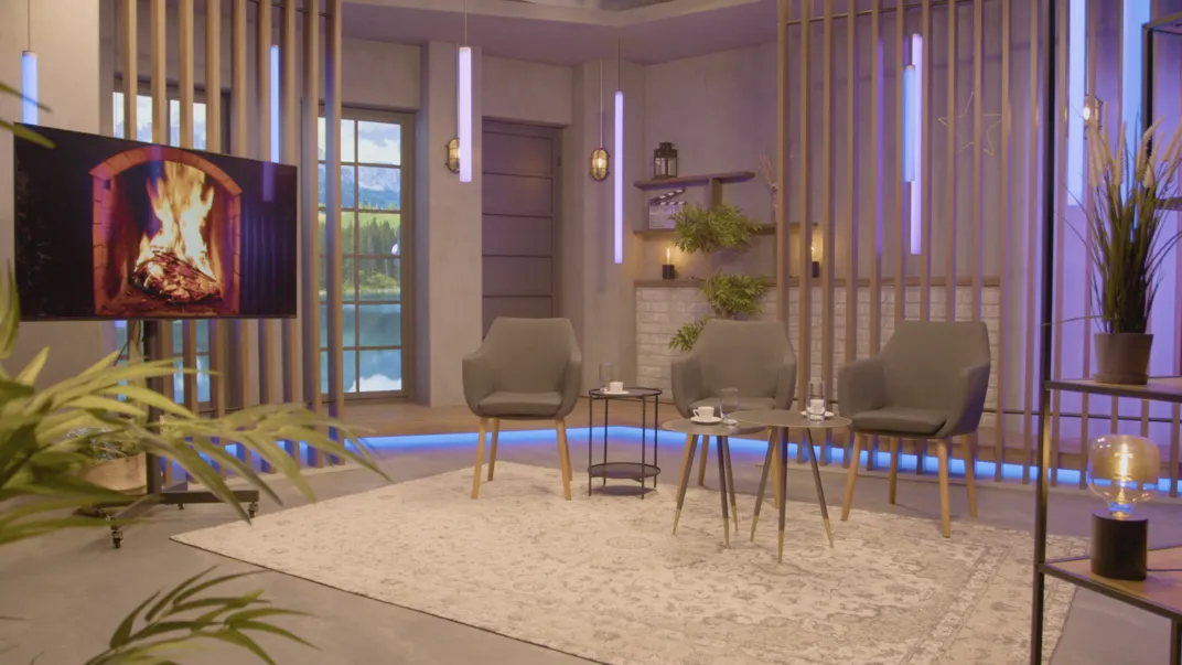 Modernes Wohnzimmer mit drei grauen Sesseln, Teppich, Pflanzen und Fernseher mit Kaminfeuer.