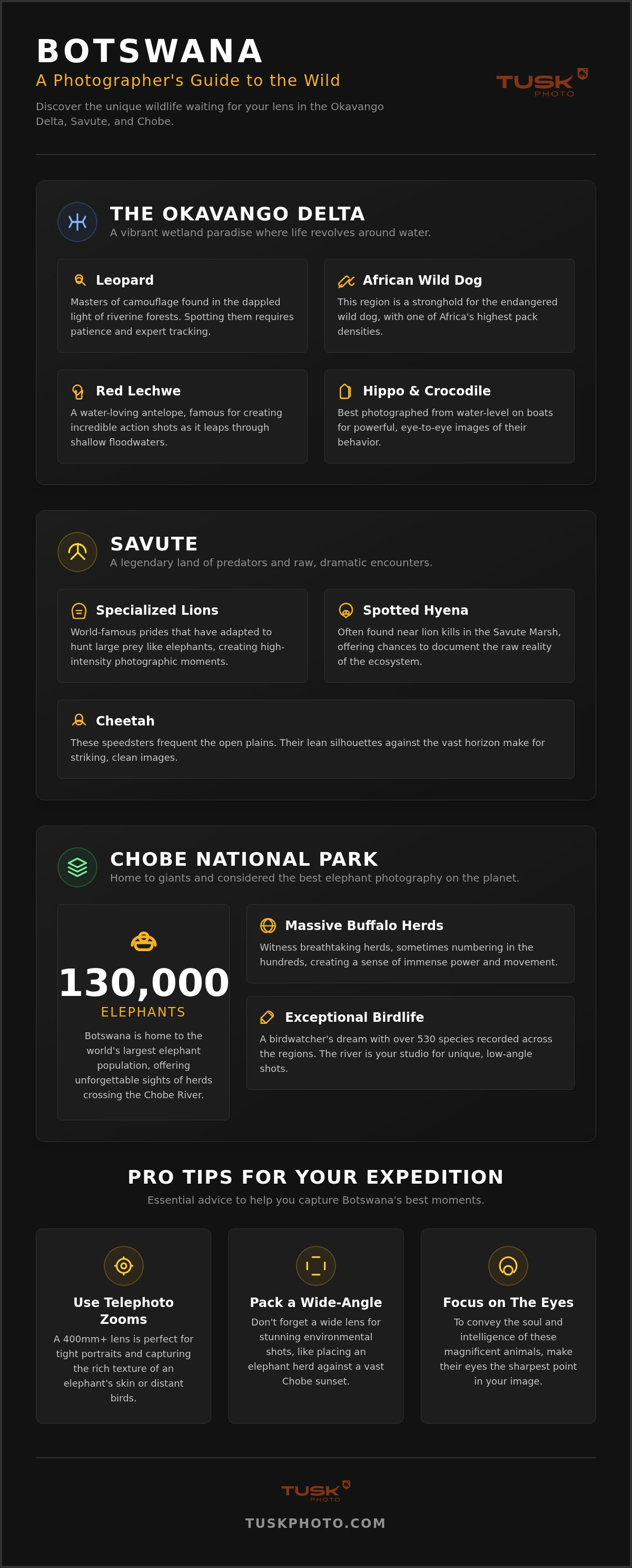 Species you can expect to photograph in the Okavango, Savute and Chobe areas