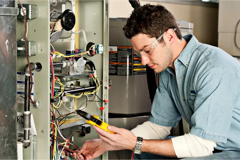 Technician checking electrical connections with multimeter in equipment panel