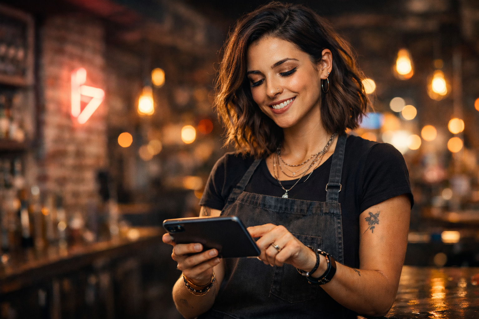 Confident, stylish female server in trendy restaurant setting