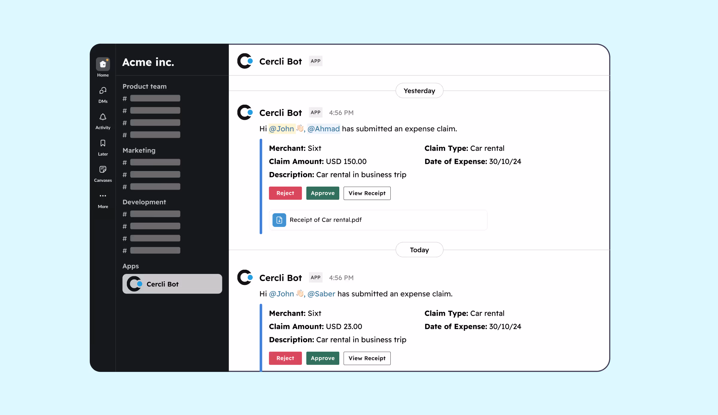 Time off and expenses managed through slack