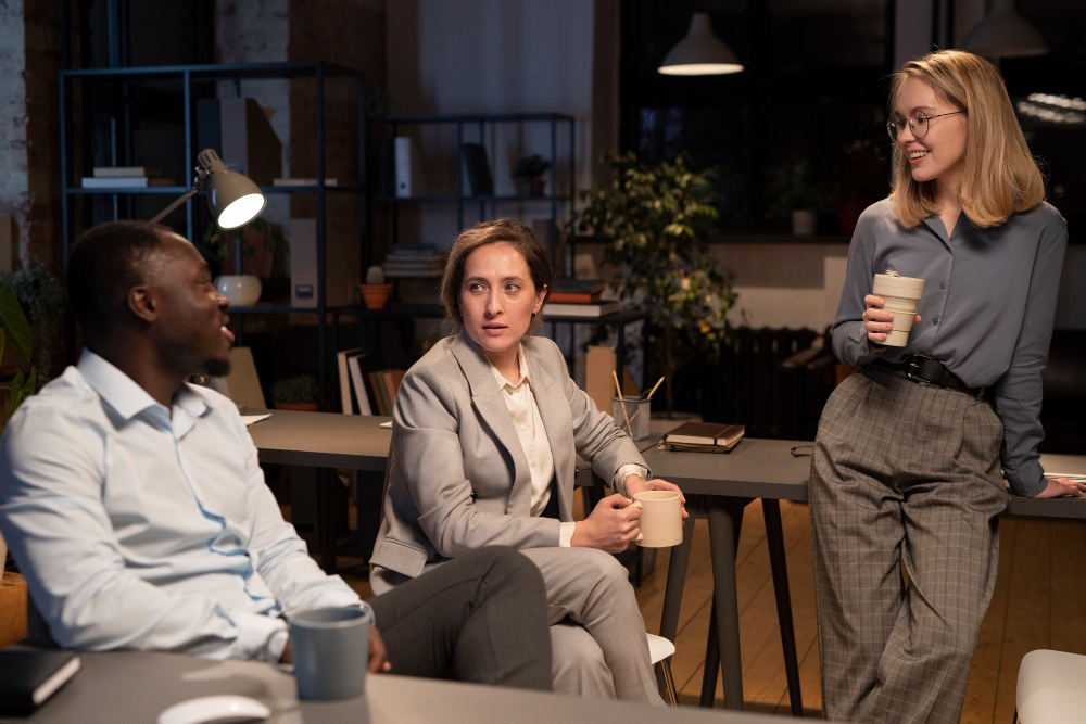 employees talking - Payroll Outsourcing Costs