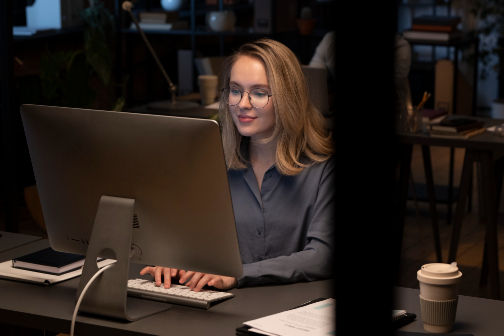 woman working on a desktop - HR Policies in UAE