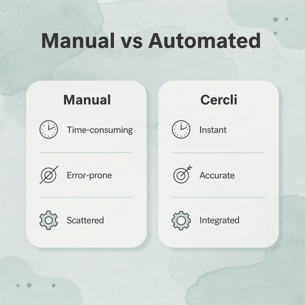 Comparison table showing manual processes versus Cercli automation benefits
