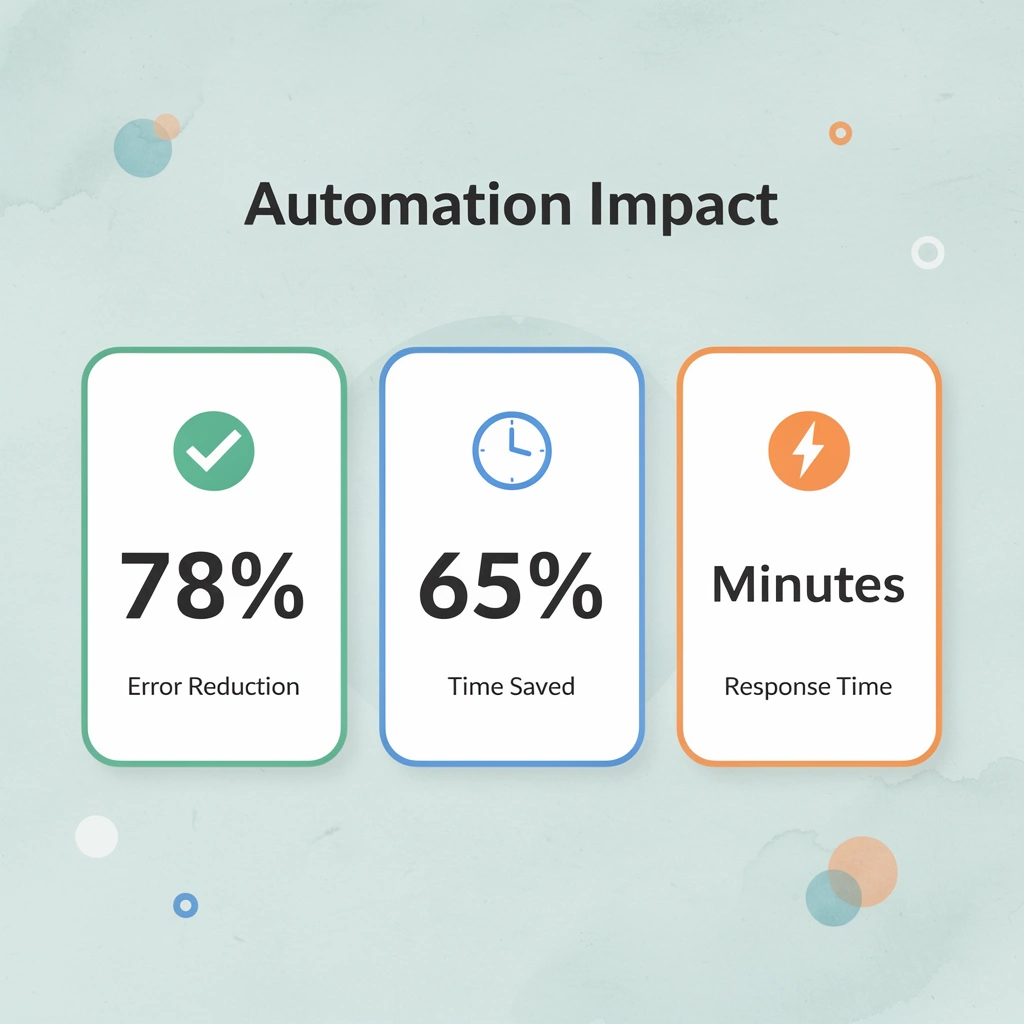 Statistics showing automation benefits: 78% error reduction, 65% time saved, minutes response time
