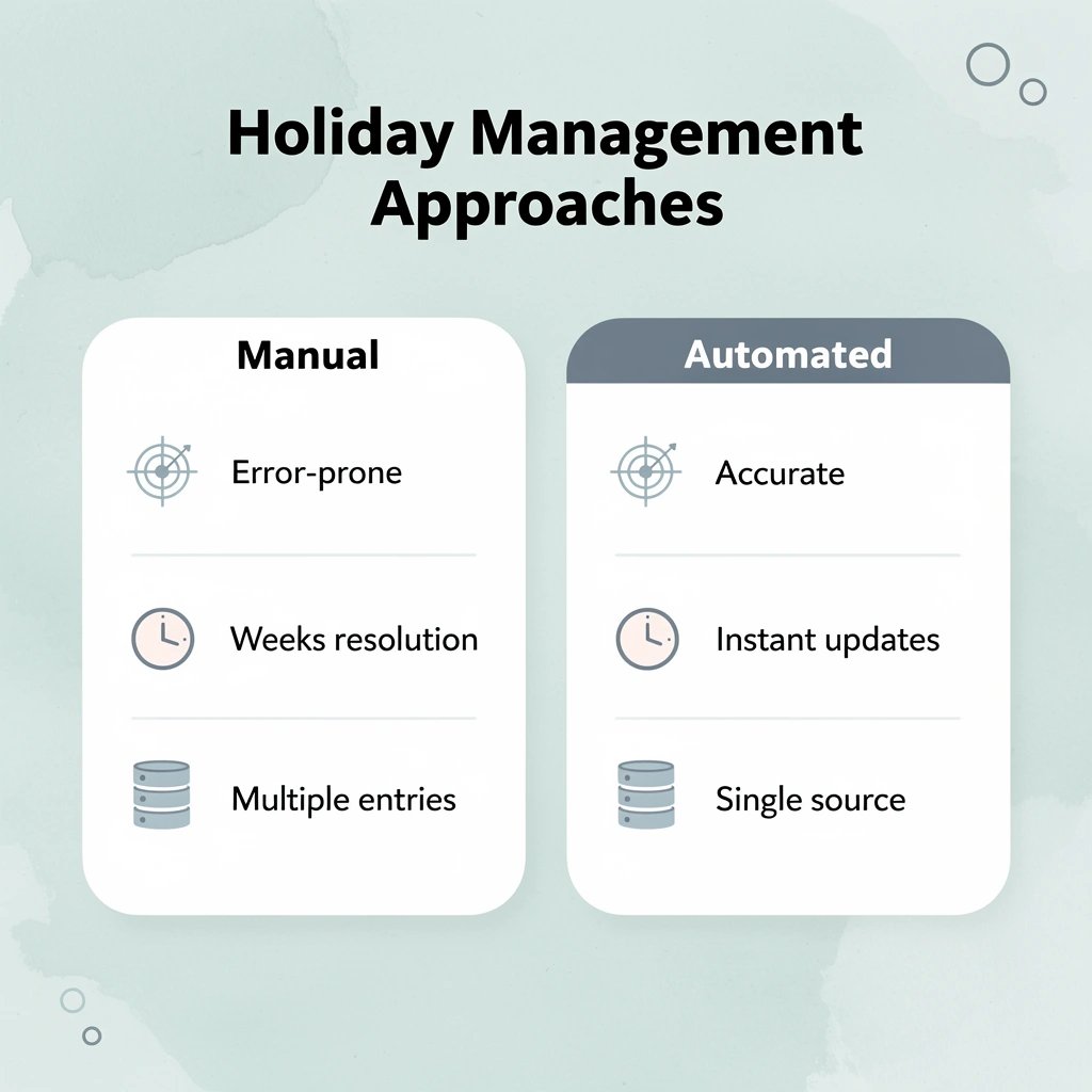 Comparison chart showing manual versus automated holiday management approaches