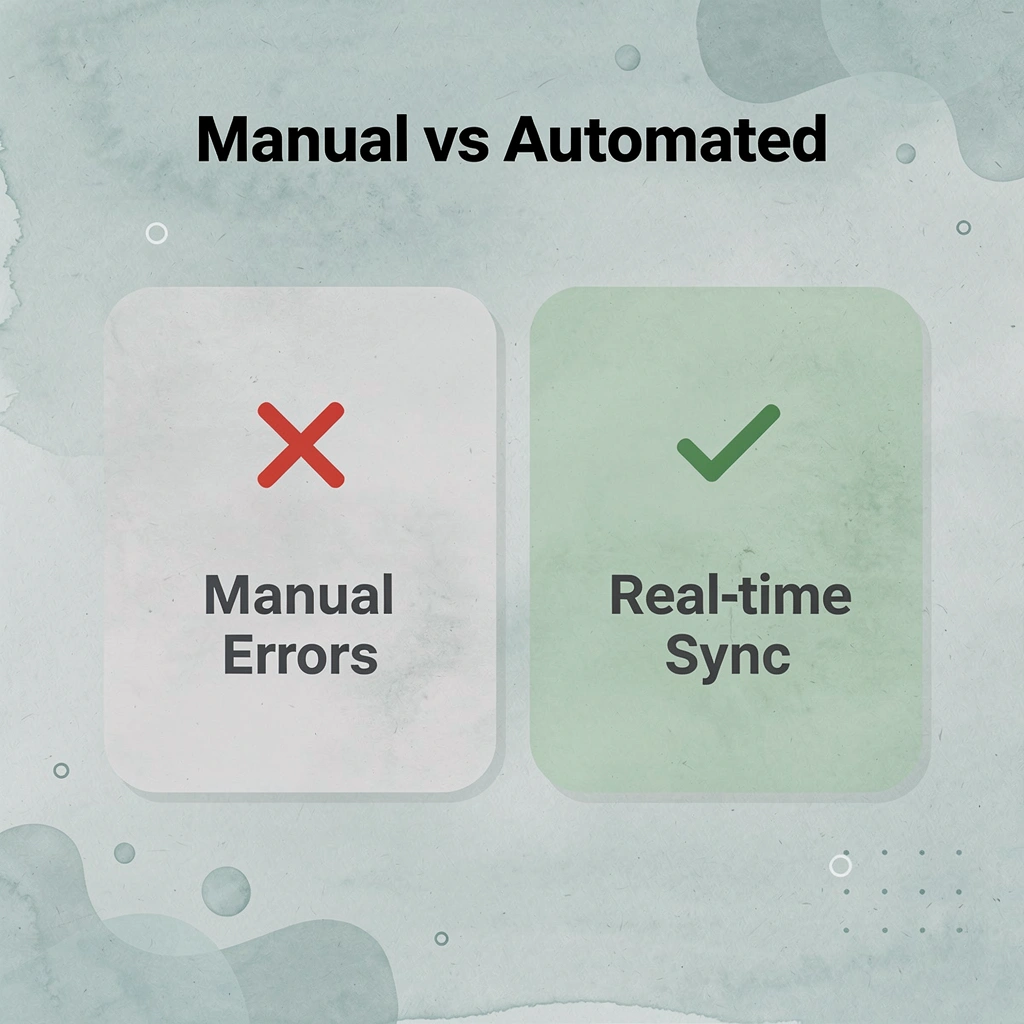 Before and after comparison showing manual errors versus automated real-time sync