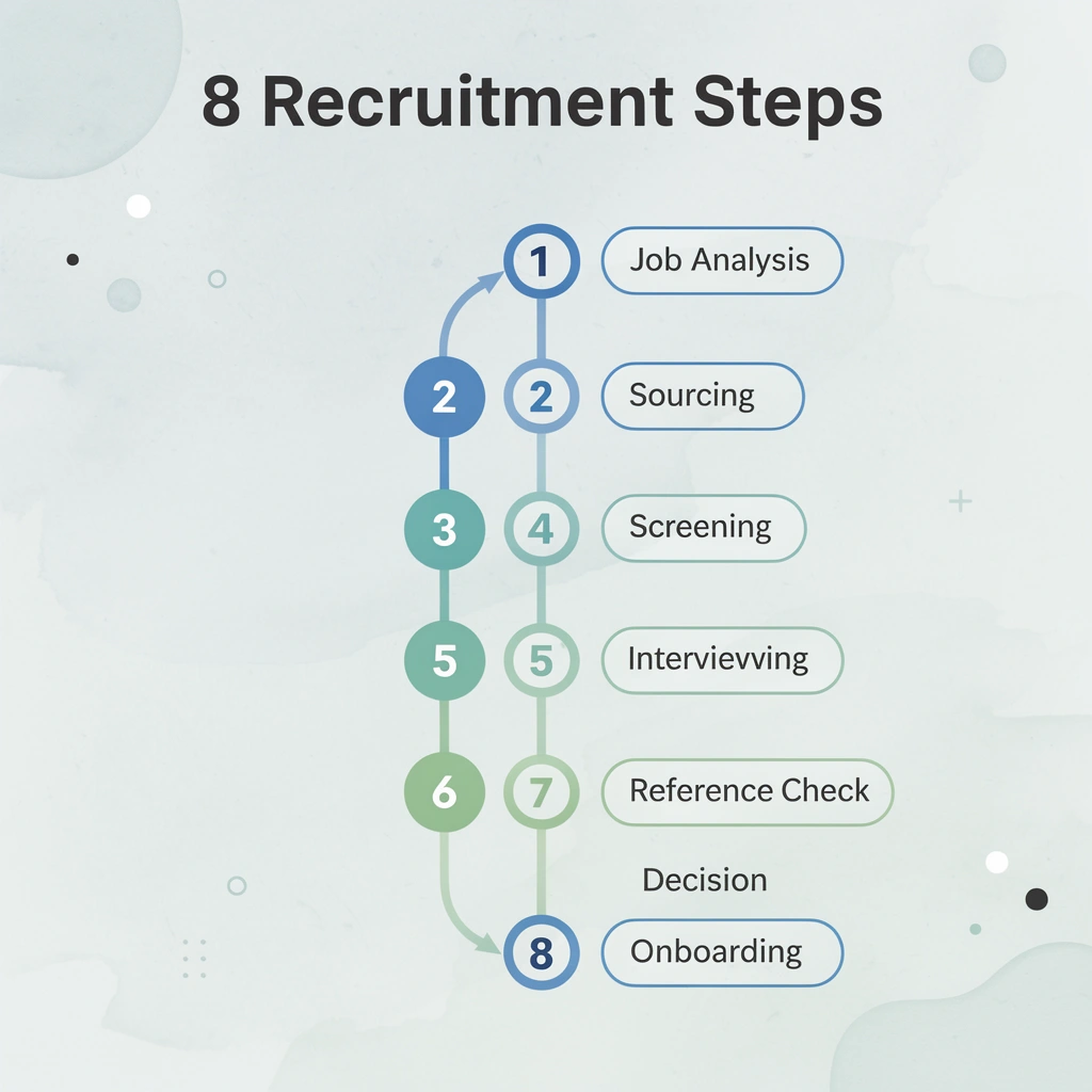 Numbered steps showing the 8 key recruitment process stages