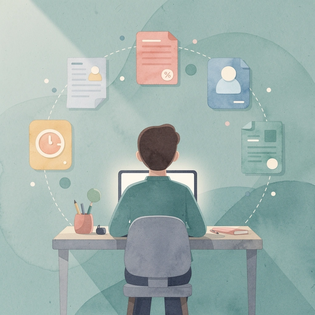 Person at desk with floating UI elements representing recruitment technology