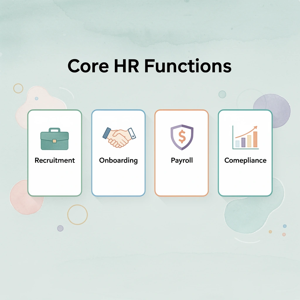 Five cards showing core HR functions with icons