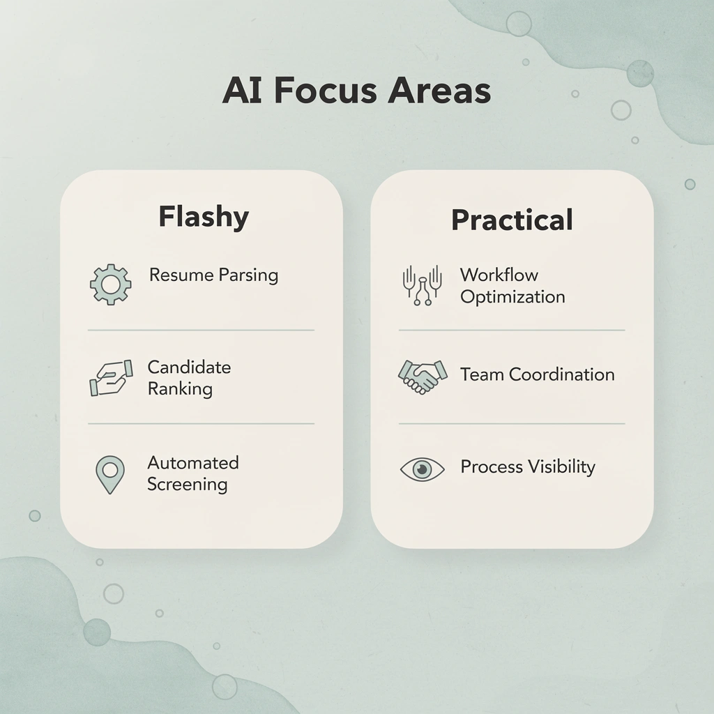 Comparison between flashy AI features and practical workflow improvements in recruitment