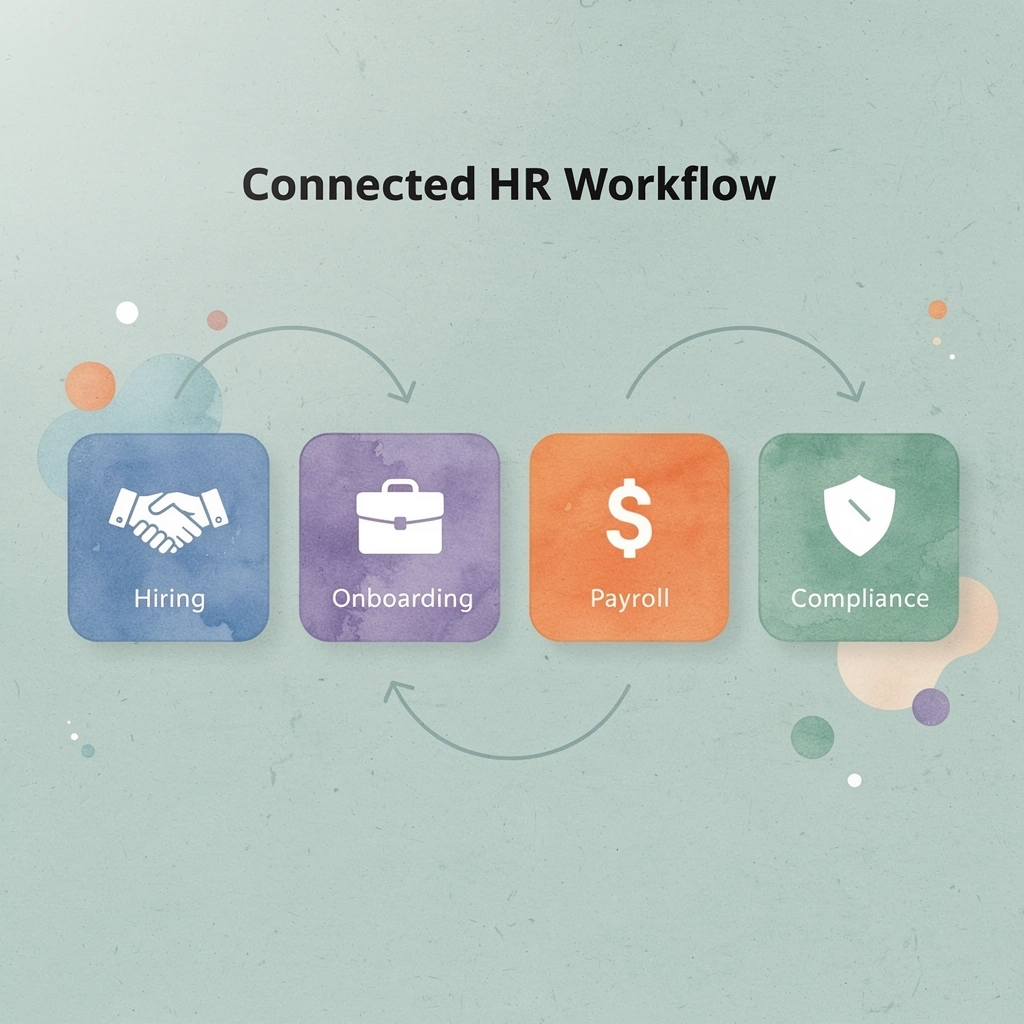 Process flow showing connected HR workflow from hiring to compliance