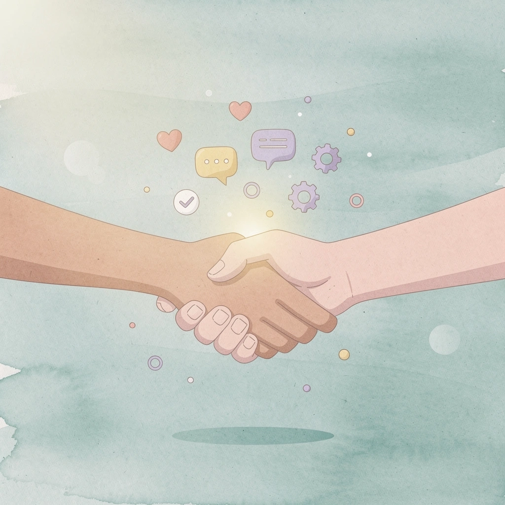 Handshake scene with floating HR icons representing partnership
