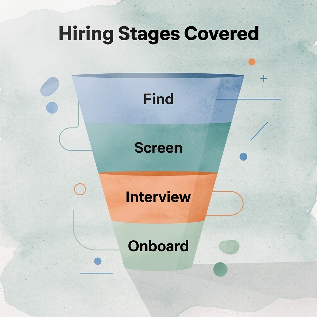 Funnel infographic showing the four hiring stages: Find, Screen, Interview, Onboard