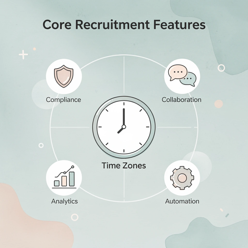 Hub and spoke infographic showing core features of remote recruitment tools