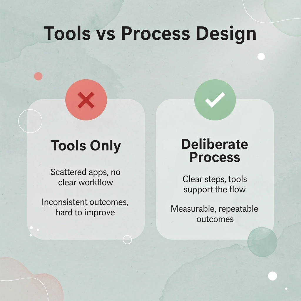 Before and after infographic comparing relying on tools alone versus deliberate process design
