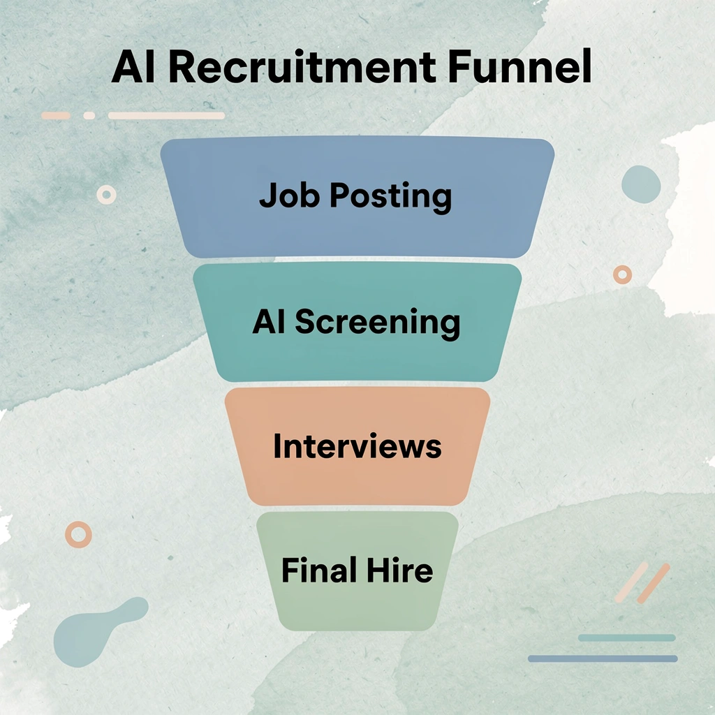 Infographic funnel showing AI filtering candidates from job posting to final hire